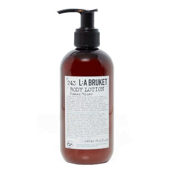 Braune Flasche L:A Bruket No. 243 Body Lotion mit Spender, 240 ml, Duft Holunder.