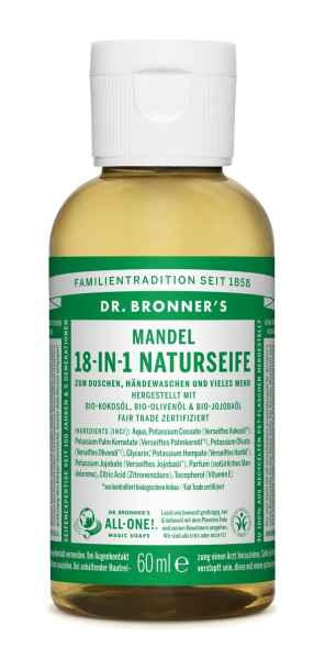 Dr. Bronner's Mandel 18-in-1 Naturseife, 60 ml Flasche, grün-weißes Etikett, Bio-Zutaten, Fair Trade zertifiziert.