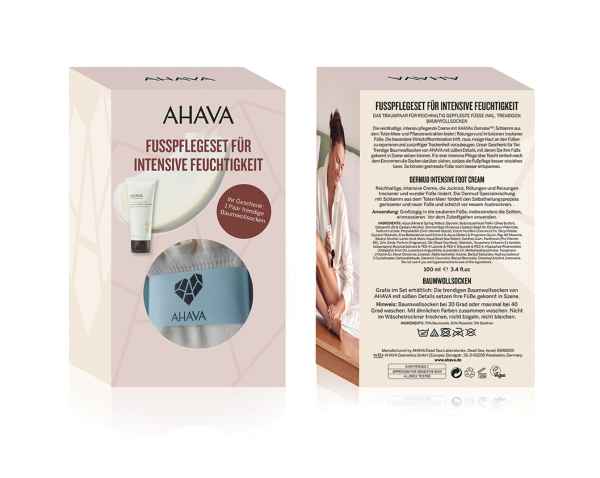 AHAVA Fußpflegeset für intensive Feuchtigkeit, Vorder- und Rückseite der Verpackung, enthält Fußcreme und Bimsstein.