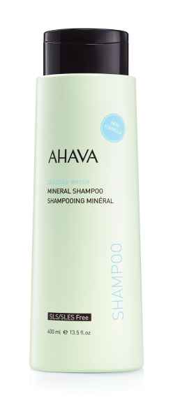 Flasche Ahava Mineral Shampoo, 400 ml, SLS/SLES-frei, neue Formel, hellgrüne Verpackung.