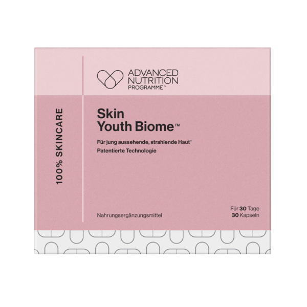 Verpackung von 'Skin Youth Biome' Nahrungsergänzungsmittel für strahlende Haut, 30 Kapseln, Advanced Nutrition Programme.