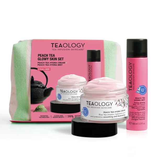 Peach Tea Glowy Skin Set von Teaology: Hydra Cream und Hydra Mist vor weißem Hintergrund.