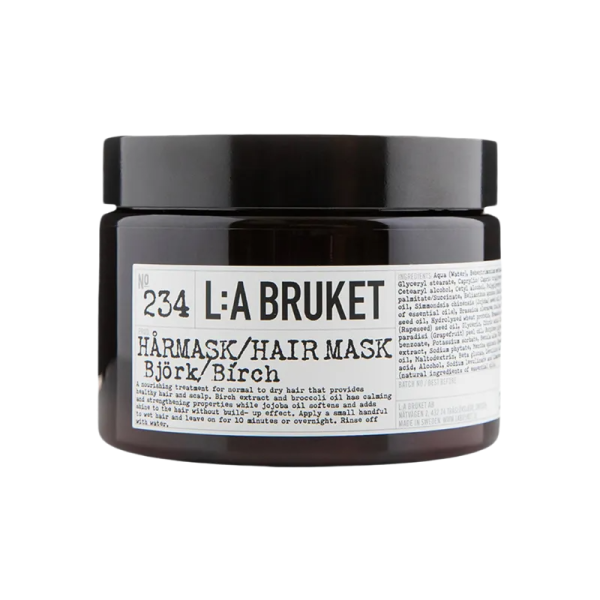 L:A Bruket No. 234 Haarmaske Birke in schwarzer Dose, 350g. Feuchtigkeitsspendende Pflege für normales bis trockenes Haar.