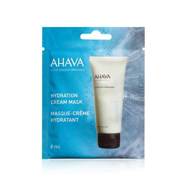 AHAVA Hydration Cream Mask, 8 ml, in einer blauen Verpackung mit weißer Tube.