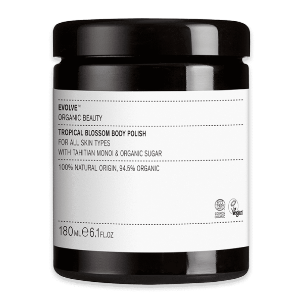 Evolve Organic Beauty Tropical Blossom Body Polish, 180 ml, für alle Hauttypen, mit Tahitian Monoi und Bio-Zucker, 94,5% Bio.