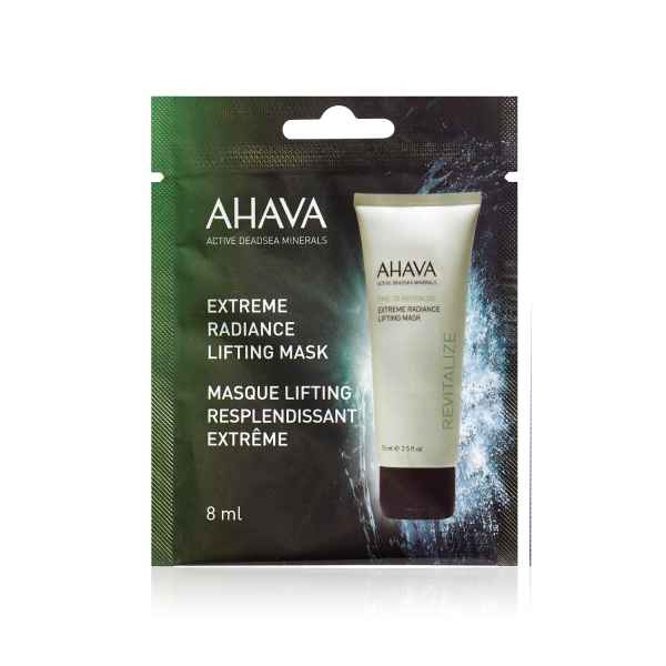 AHAVA Extreme Radiance Lifting Mask, 8 ml, in schwarzer Verpackung mit grünem und weißem Text.