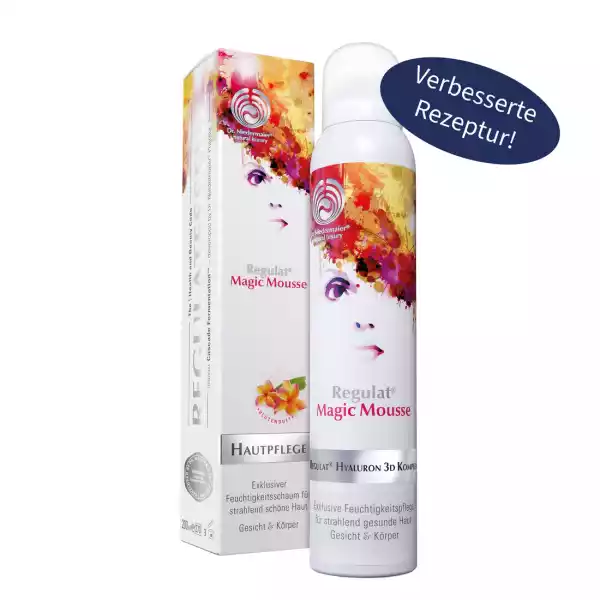 Regulat Magic Mousse Hautpflege, verbesserte Rezeptur, 200 ml Flasche und Verpackung, feuchtigkeitsspendend für Gesicht und Körper.