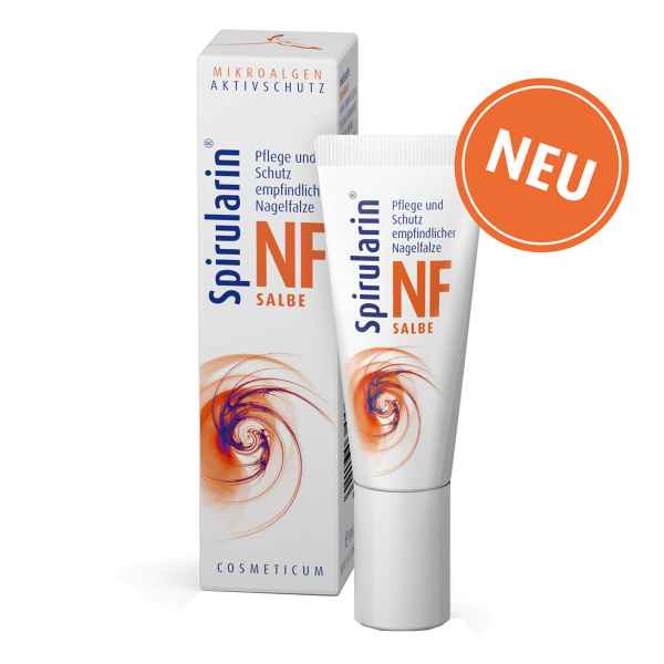 Spirularin NF Salbe für empfindliche Nagelfalze, Produktbild mit Verpackung und Tube, 'NEU'-Sticker.