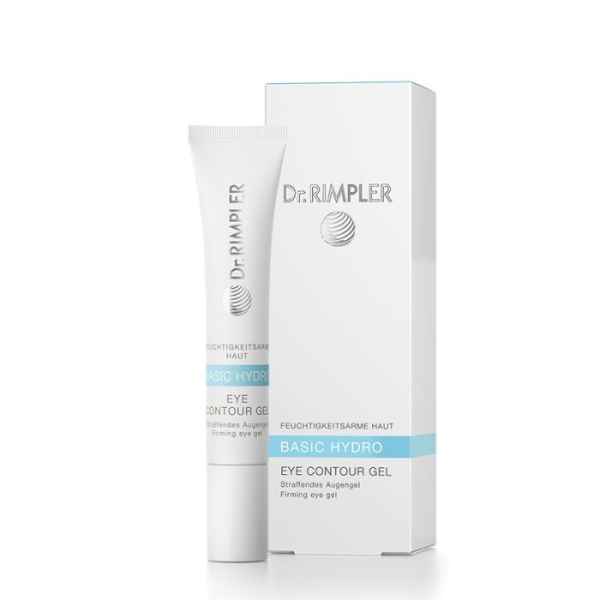 Dr. Rimpler Basic Hydro Eye Contour Gel in weißer Tube und Verpackung. Feuchtigkeitsspendendes Augengel für straffende Pflege.