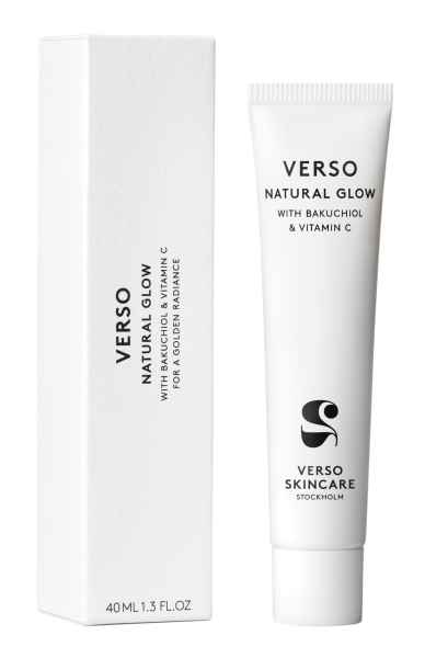 Verso Natural Glow Hautpflegeprodukt mit Bakuchiol und Vitamin C, 40 ml Tube neben der Verpackung.