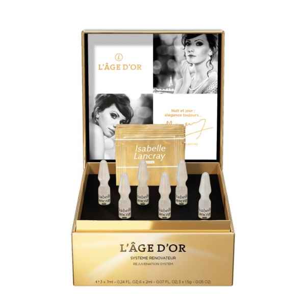 L'AGE D'OR Système Renovateur von Isabelle Lancray, goldene Verpackung mit Ampullen und Produktbeschreibung im Hintergrund.