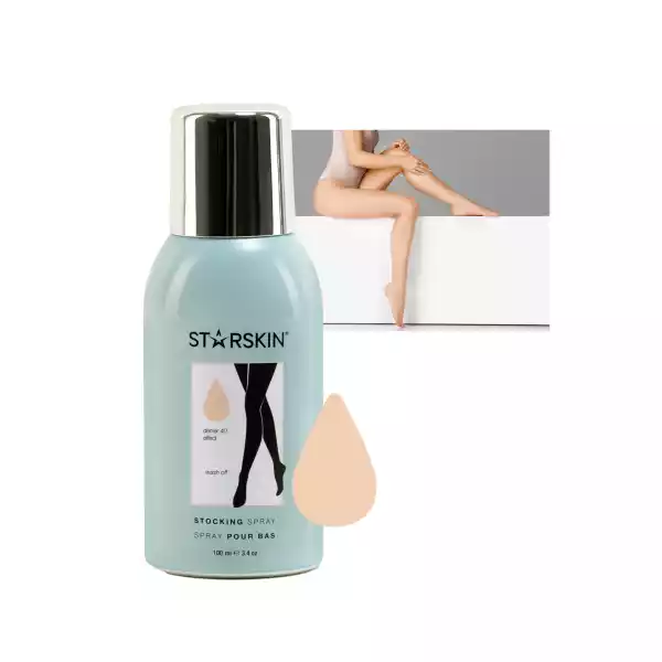 Starskin Strumpfspray, 100 ml, mit Abbildung einer Frau, die das Produkt auf ihre Beine aufträgt.