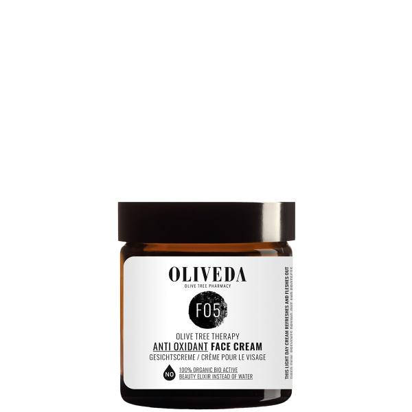 OLIVEDA F05 Gesichtscreme, Antioxidant, 50ml, braunes Glasgefäß mit weißem Etikett.