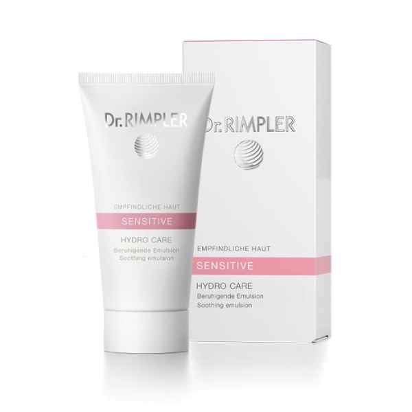 Dr. Rimpler Sensitive Hydro Care Beruhigende Emulsion für empfindliche Haut, Tube und Verpackung, weiß mit rosa Akzenten.