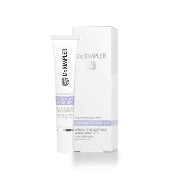 Dr. Rimpler Cutanova Face Spa Cream Eye Contour Aqua Complete, Tube und Verpackung, auf weißem Hintergrund.