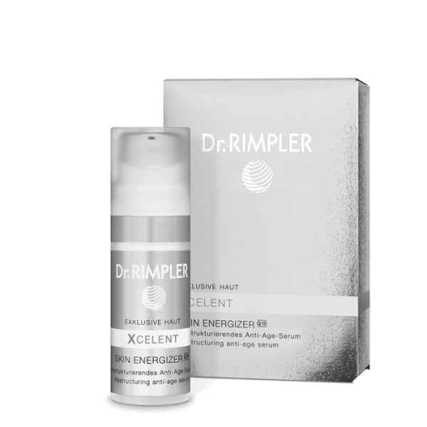 Dr. Rimpler Xcelent Skin Energizer Anti-Age-Serum in weißer Flasche und silberner Verpackung.